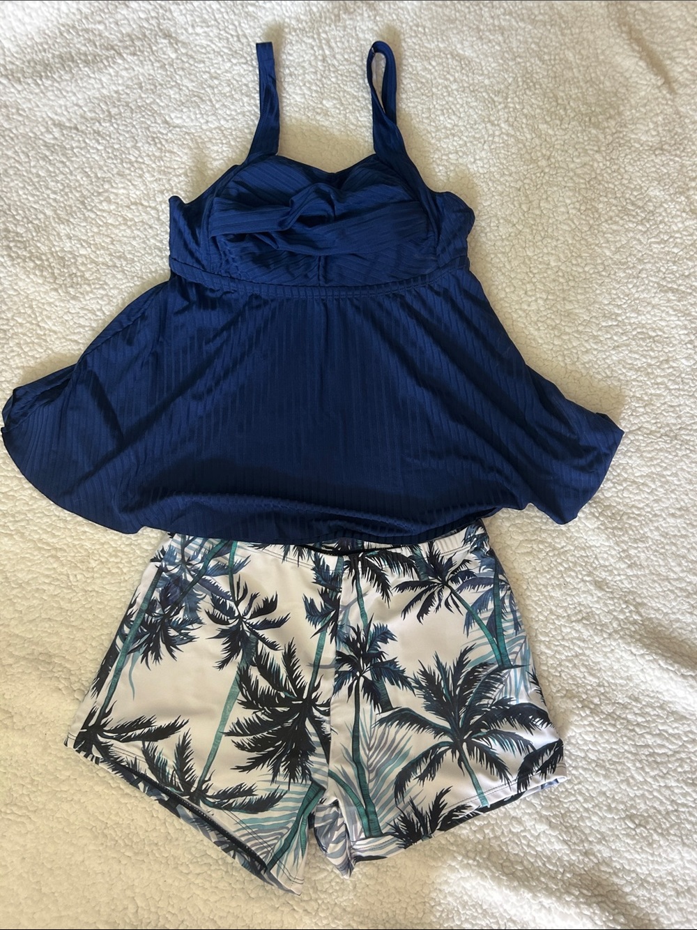 Women’s Navy Blue Tankini Top and Tropical Palm Print Shorts Set